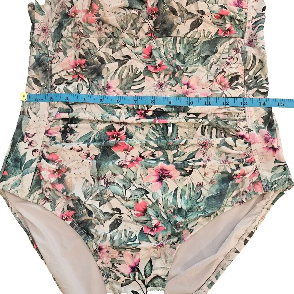 Nip Tuck 1 Piece Swimsuit Sz 10 Floral Side Ruching Adjustable Straps Padded Cup